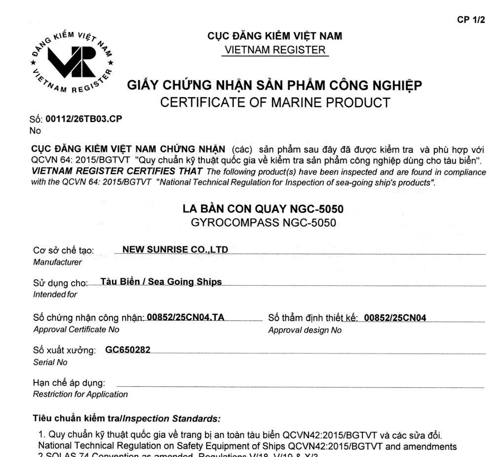 Chứng chỉ đăng kiểm VR của NGC-5050