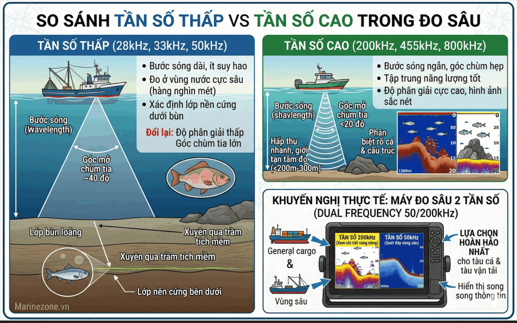 So sánh tần số thấp và tần số cao trong đo sâu