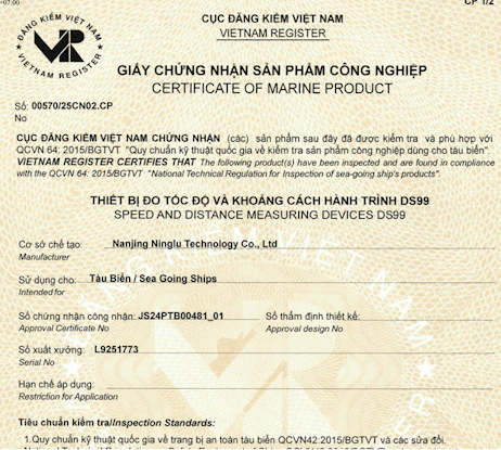 Giấy Đăng kiểm VR của máy đo tốc độ tàu biển DS99