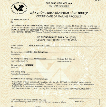 Chứng chỉ đăng kiểm VR cho NGR-3000